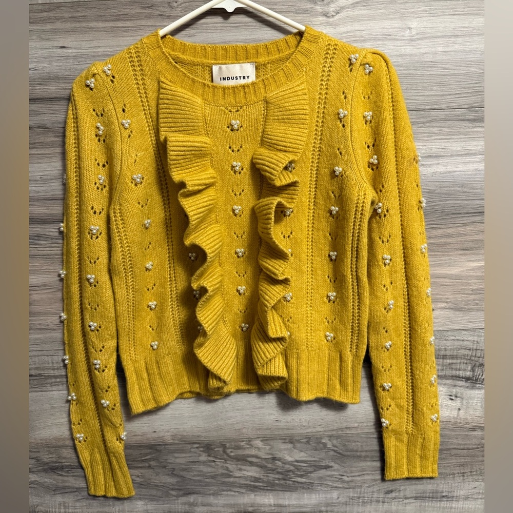 NWT Industry Republic Mustard Yellow Beaded Wool Blend Puff Long Sleeve Sweater